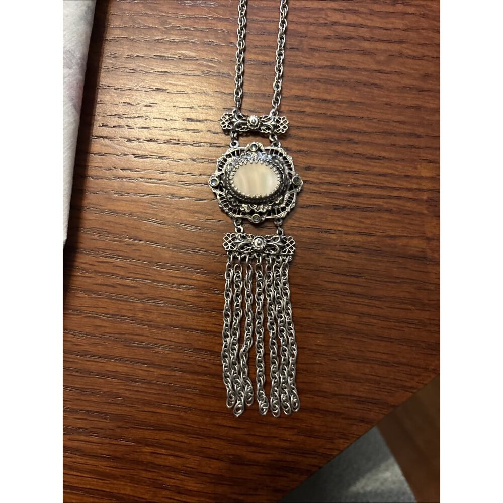 Vintage Whiting & Davis Mother of Pearl Pendant Tassel Necklace Silver